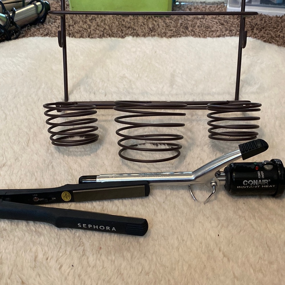 Bundle: 1/2 inch Conair curling iron, mini Sephora flat iron & hot tool storage